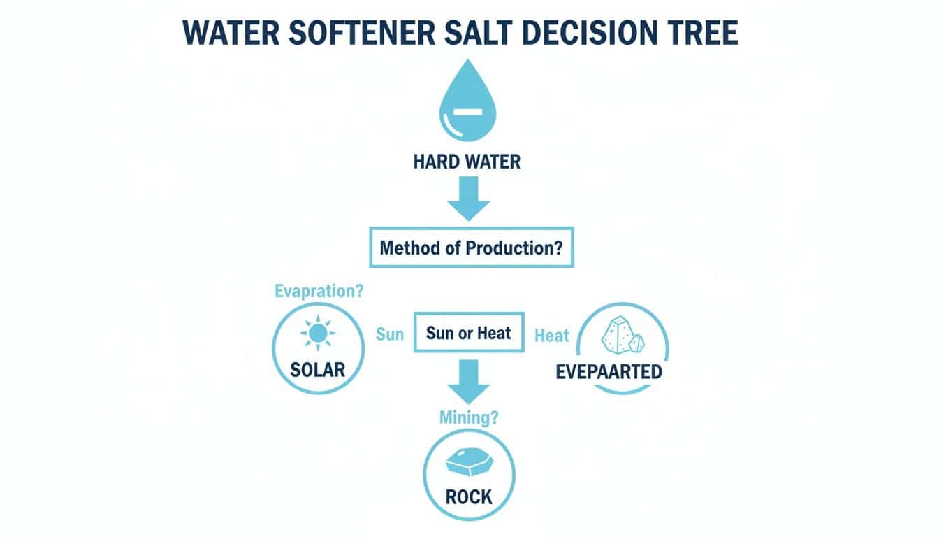 Decision tree for selecting water softener salt based on production methods: solar, evaporated, or rock.