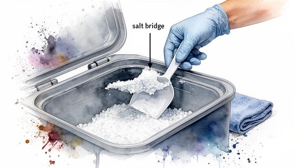 A gloved hand scoops salt, labeled 'salt bridge,' from a grey container, with watercolor effects.