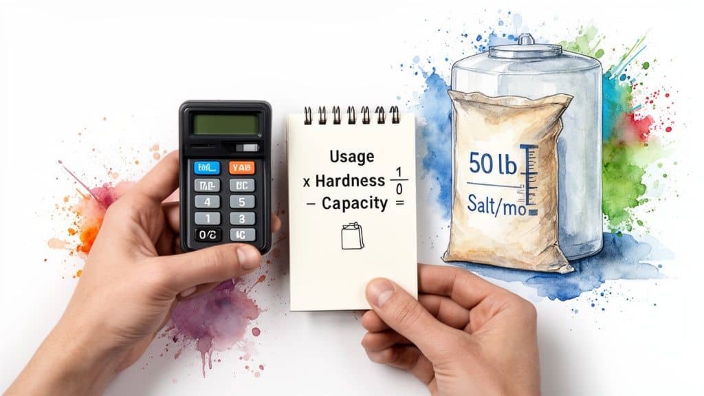 Hands holding a calculator and notepad, illustrating water softener salt usage calculations.