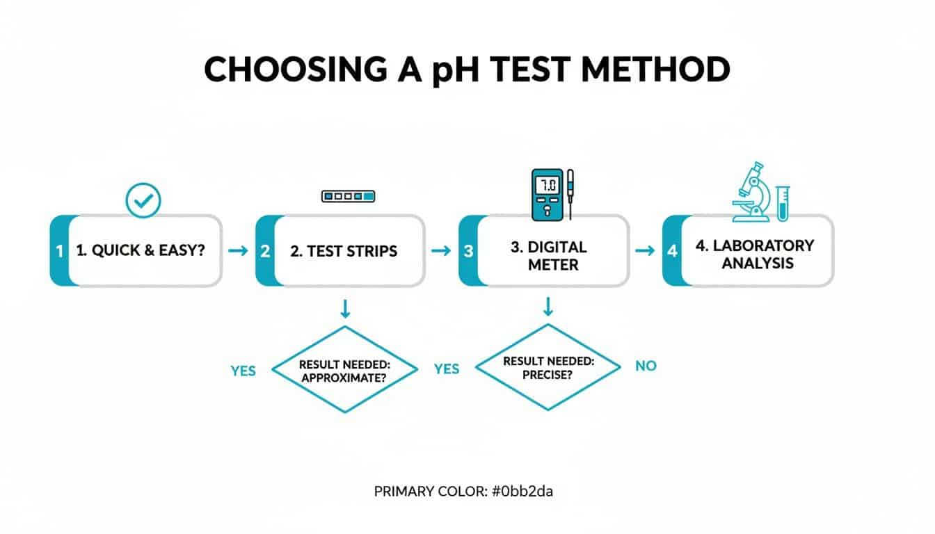 Flowchart illustrating four methods for choosing a pH test, from quick strips to lab analysis.