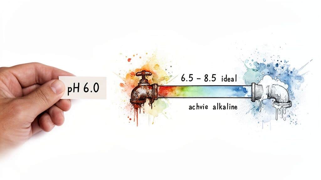 Hand holds pH 6.0 card, illustrating water pH levels from acidic to ideal alkaline range.