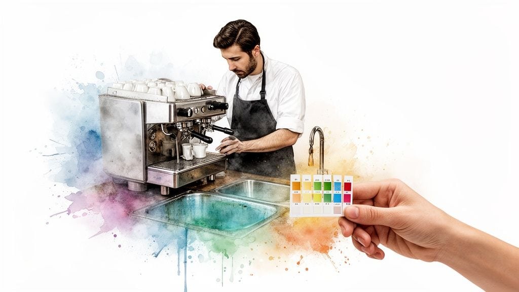 Barista making coffee with espresso machine, a hand holds a water quality test strip.