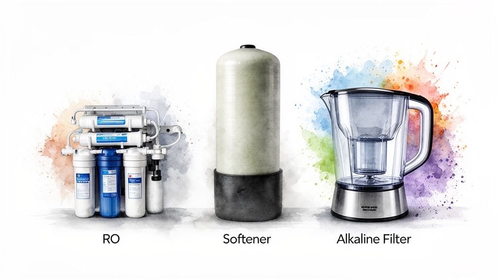 Three water treatment systems: a Reverse Osmosis (RO) unit, a water softener tank, and an alkaline filter pitcher.