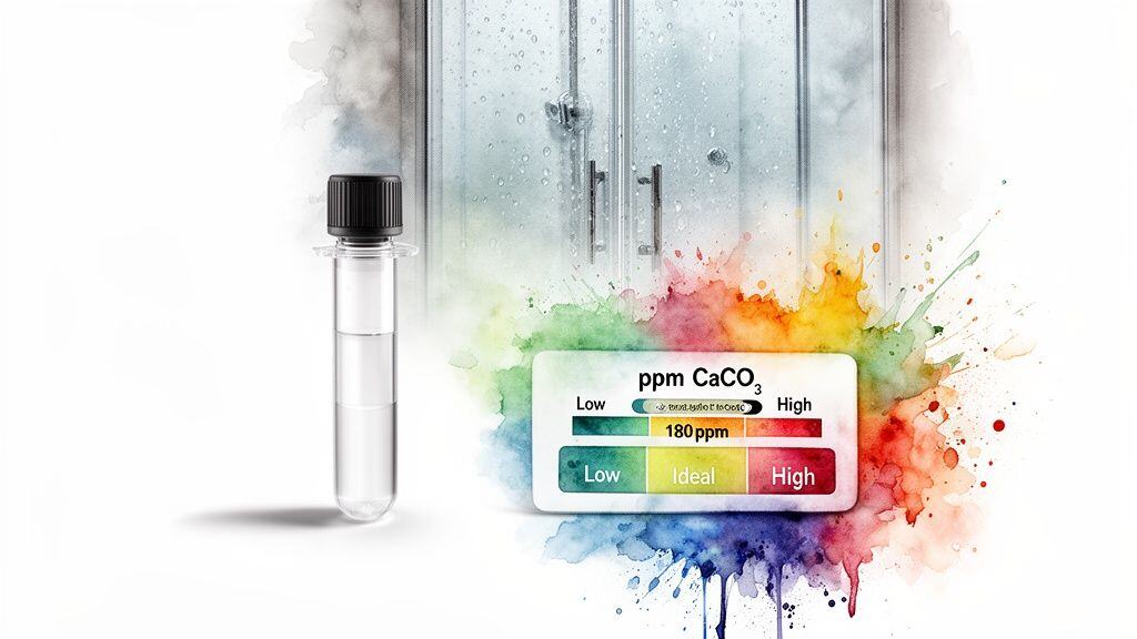 A water hardness test indicating high CaCO3 levels (180ppm) with a test tube and shower.