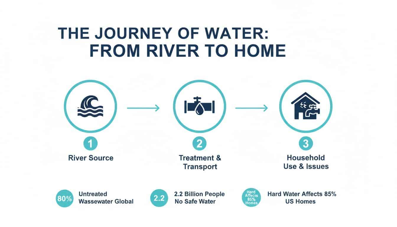 Infographic illustrating the journey of water from river to home, highlighting global water issues.