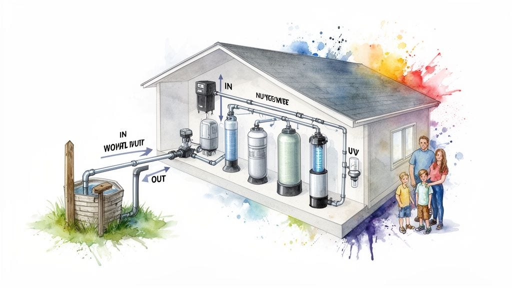 A diagram illustrates a multi-stage well water filtration system leading into a modern home, with a happy family nearby.