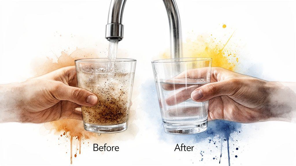 Hands holding glasses under a faucet, showing dirty 'before' and clean 'after' filtered water.