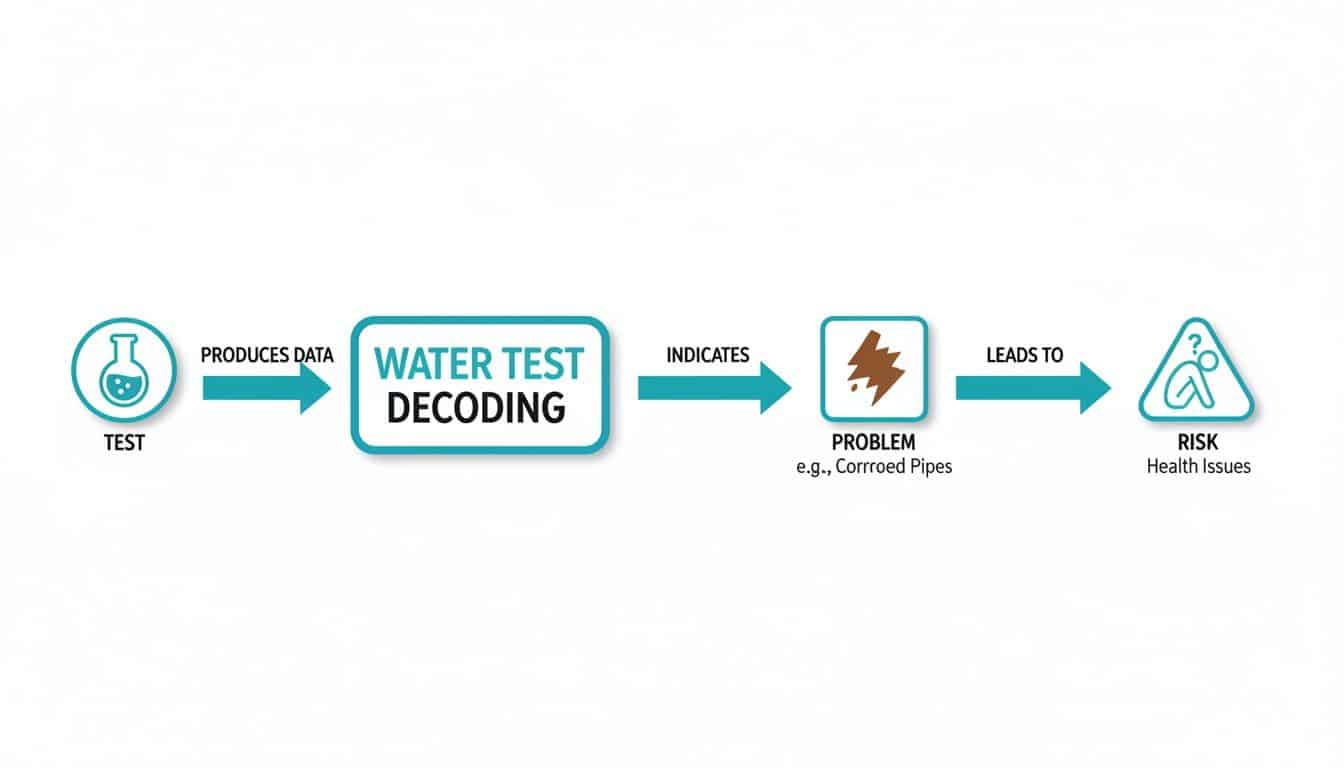 Flowchart illustrating water testing, decoding results, identifying problems like corroded pipes, and leading to health risks.
