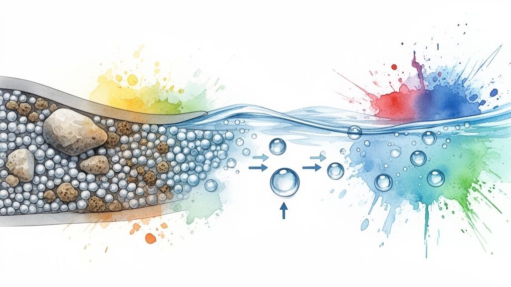 Detailed watercolor illustration of a water filtration system with granular media and water flowing.