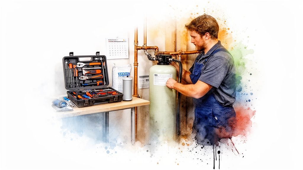 A professional plumber maintaining a home water softener and filtration system with various tools.