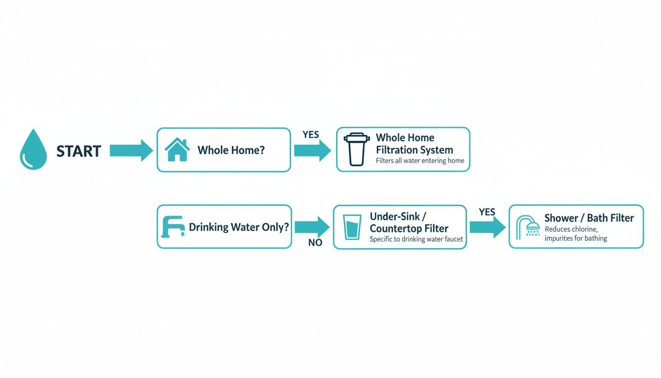 Decision tree illustrating water filtration options for whole home, drinking water, and shower filters.