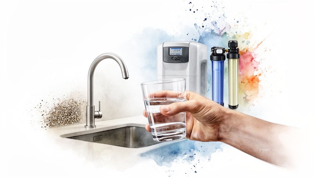 Clean water in glass, contrasted with dirty water, alongside water softener and filters.