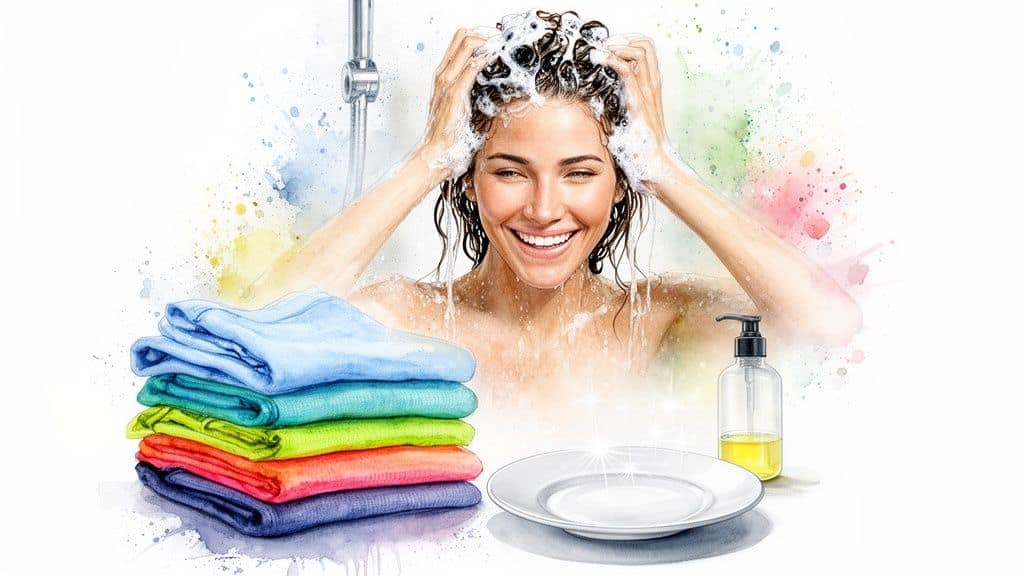 A smiling woman washes her hair in the shower, with colorful towels, soap, and a clean plate.
