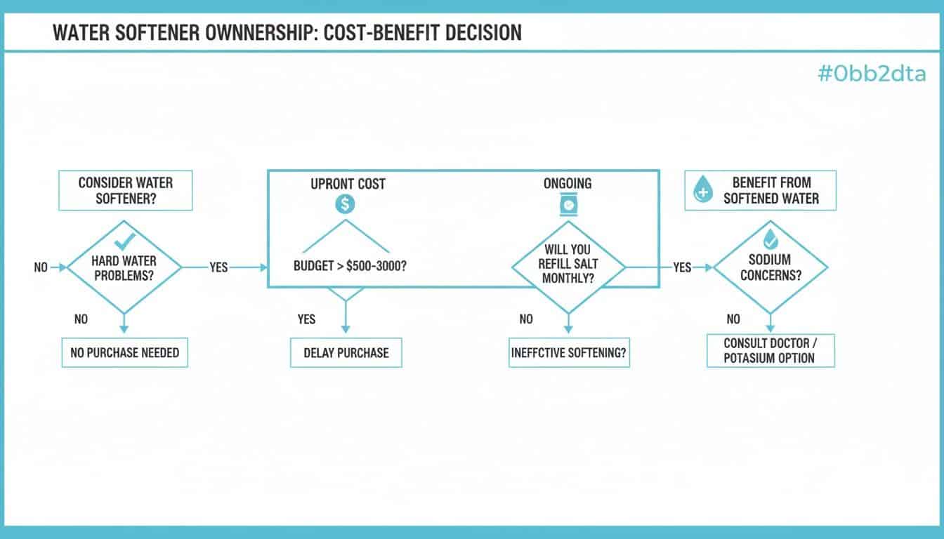 Flowchart guiding the cost-benefit decision for water softener ownership, evaluating hard water problems, budget, maintenance, and sodium concerns.