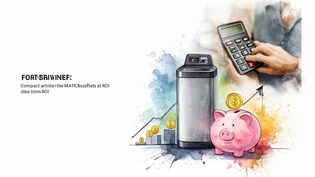 A person uses a calculator next to a water softener, piggy bank, and financial growth chart.