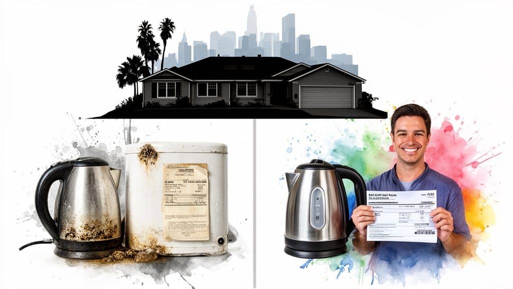 A dirty old kettle and water heater beside a clean new kettle and a smiling man with a bill.