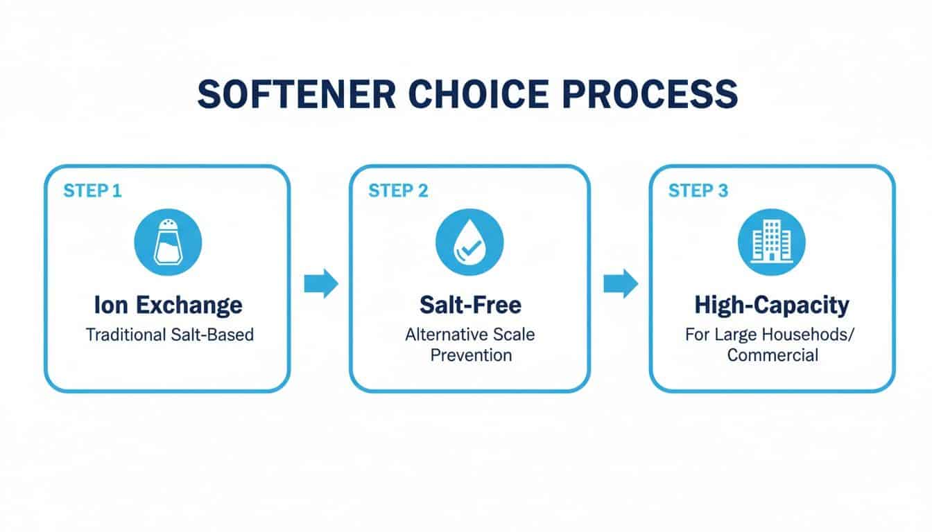 Infographic outlining the softener choice process, showing ion exchange, salt-free, and high-capacity options.