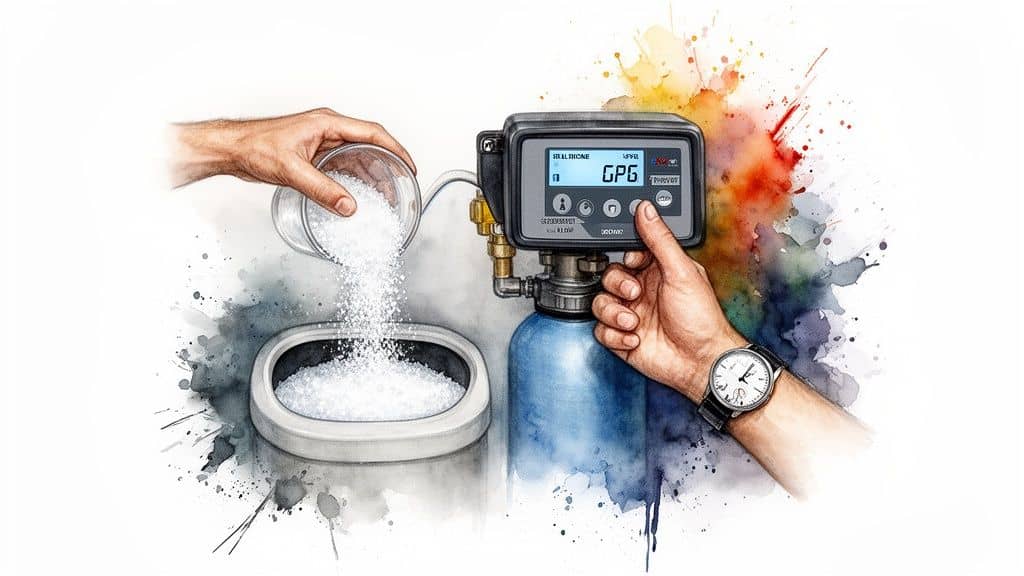 A person adding salt to a water softener system while another adjusts its digital display, set against a colorful watercolor background.