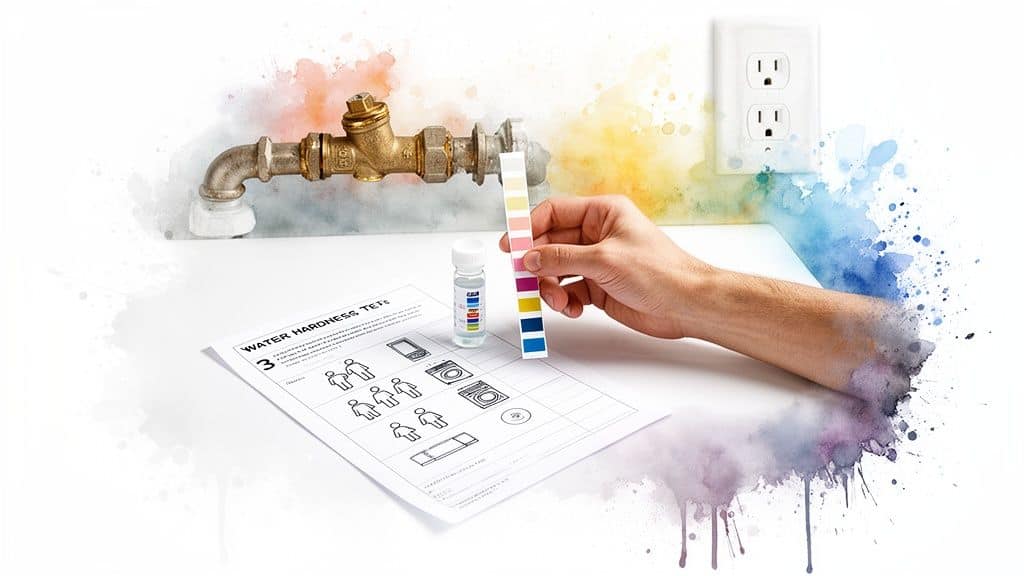 A hand holds a water hardness test strip and sample vial near a faucet and water test document.