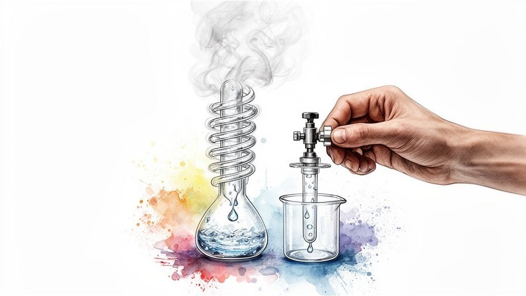 A hand operates a valve in a science experiment showing distillation, with steam condensing into liquid.