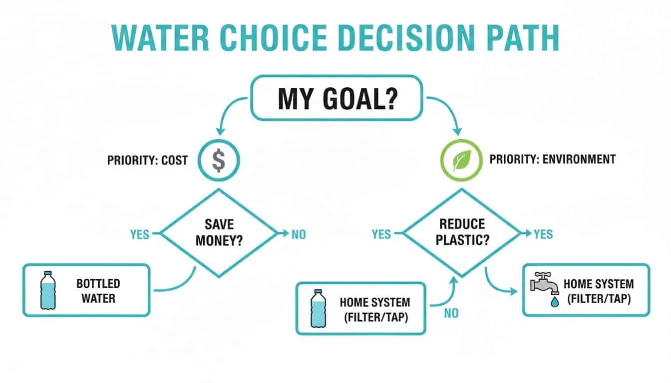 Flowchart showing water choice decision path based on cost or environmental priorities for bottled water versus home systems.