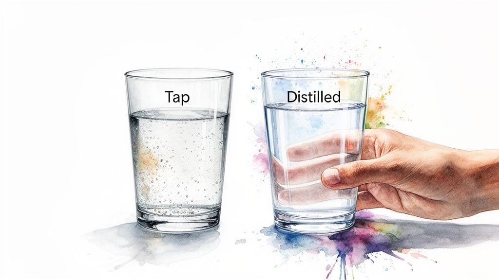 Two glasses illustrate the visual difference between bubbly tap water and clear distilled water, with a hand holding the latter.