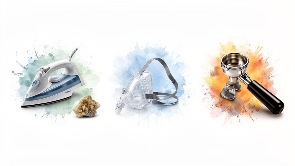 An iron, mineral, medical mask, and coffee portafilter, highlighting water's impact on appliances and health.