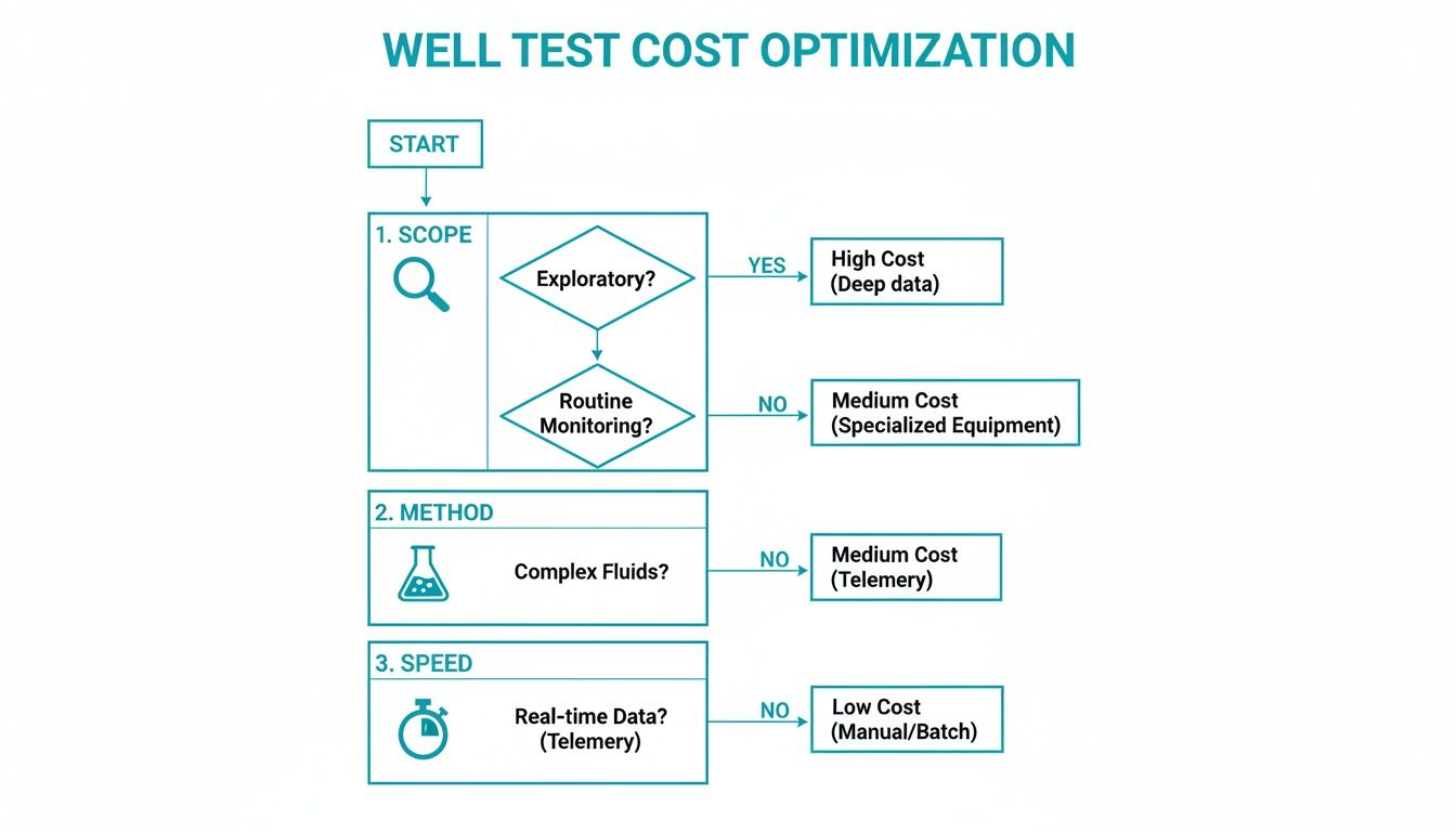 Decision-making flowchart for well test cost optimization, considering exploratory, routine, fluids, and real-time data.