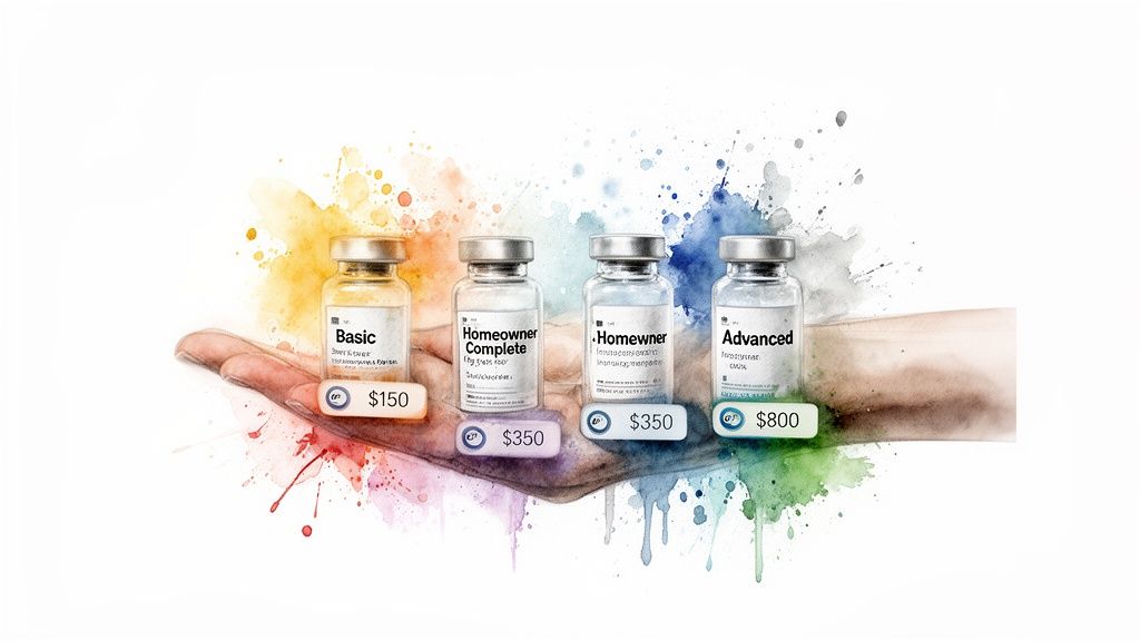 Four vials on a hand, representing different home service plans with their corresponding prices against a watercolor background.