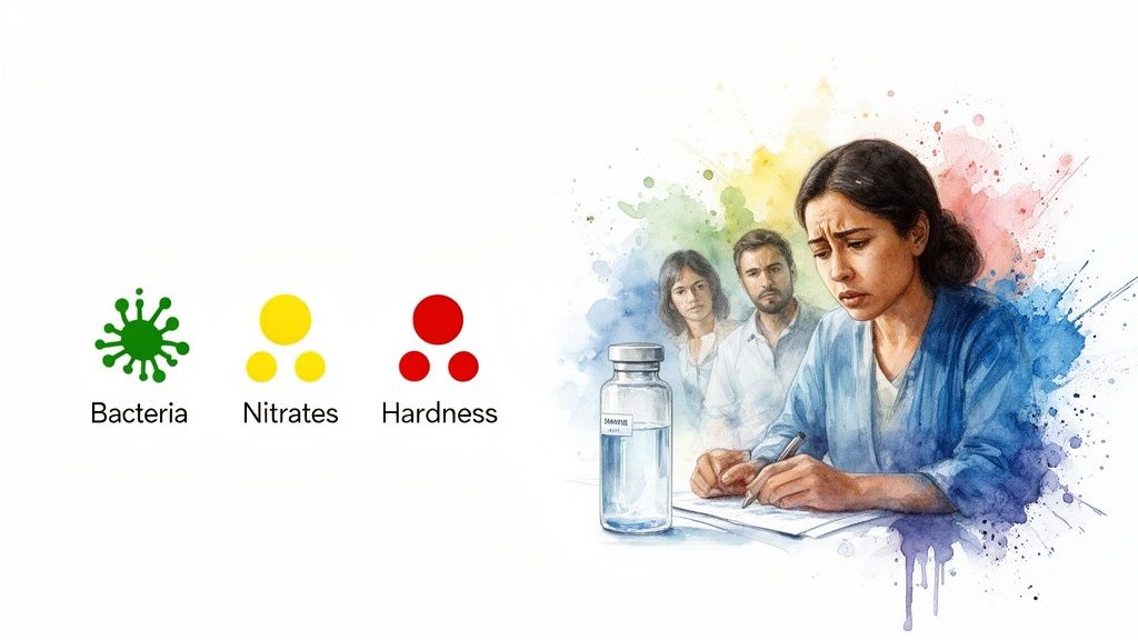 Illustration showing water contamination concerns: bacteria, nitrates, hardness, with a worried woman writing.