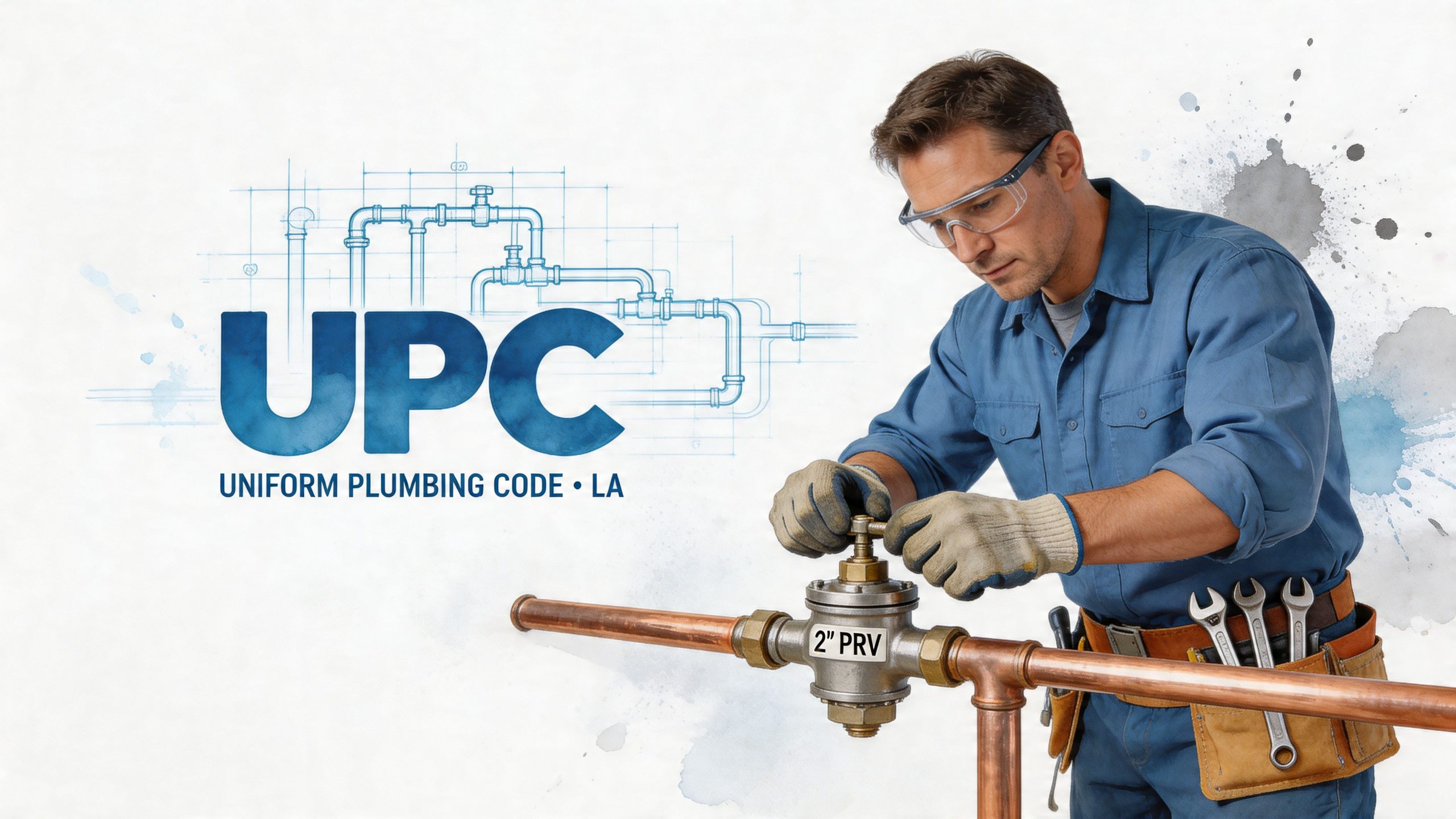 A professional plumber wearing safety goggles adjusts a 2 inch pressure reducing valve on a copper pipe system.