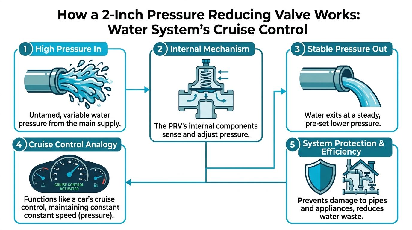 A diagram explaining how a 2-inch pressure reducing valve regulates water pressure in a plumbing system.