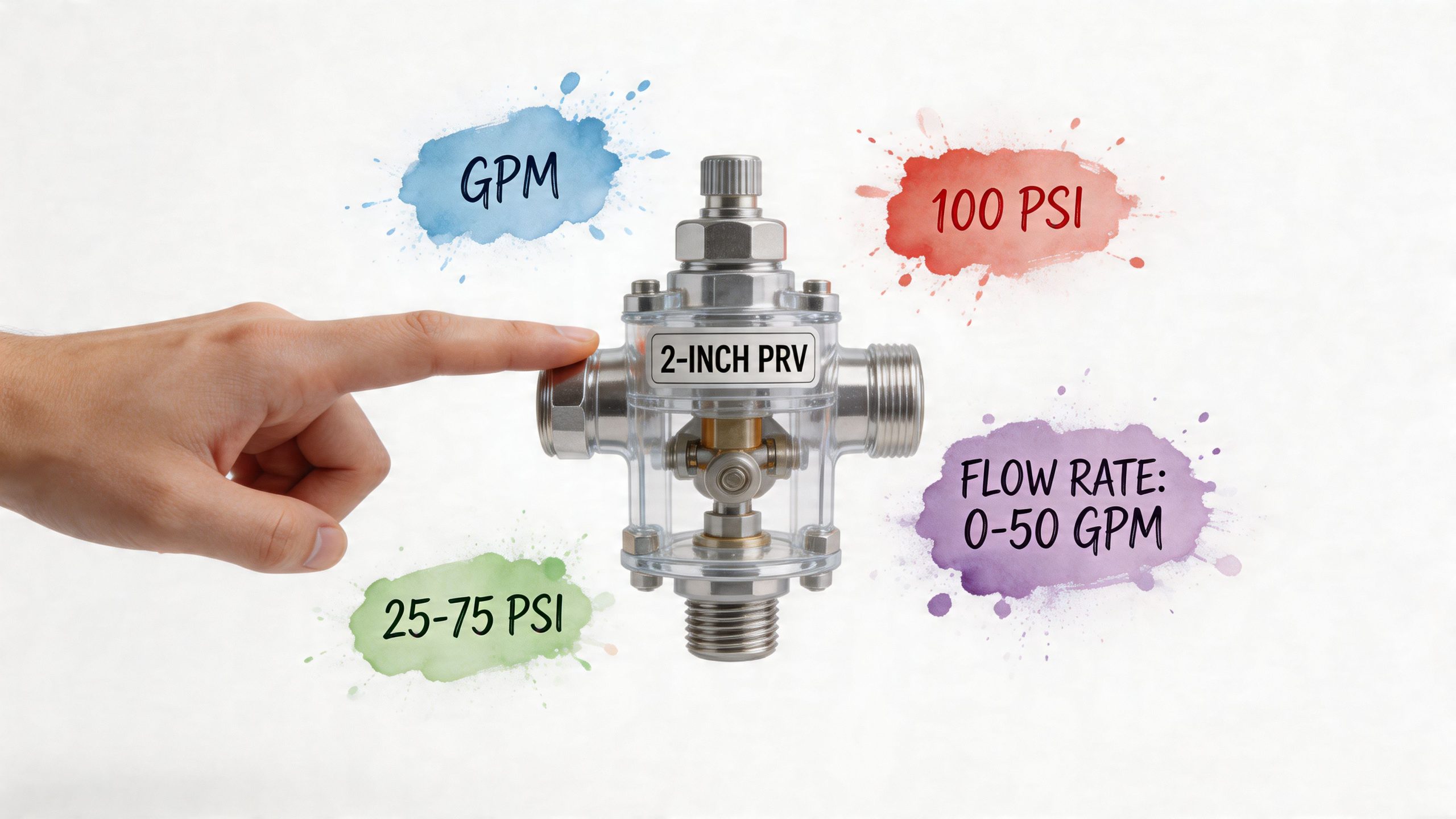 A hand pointing to a transparent 2-inch pressure reducing valve with technical specifications displayed in watercolor graphics.