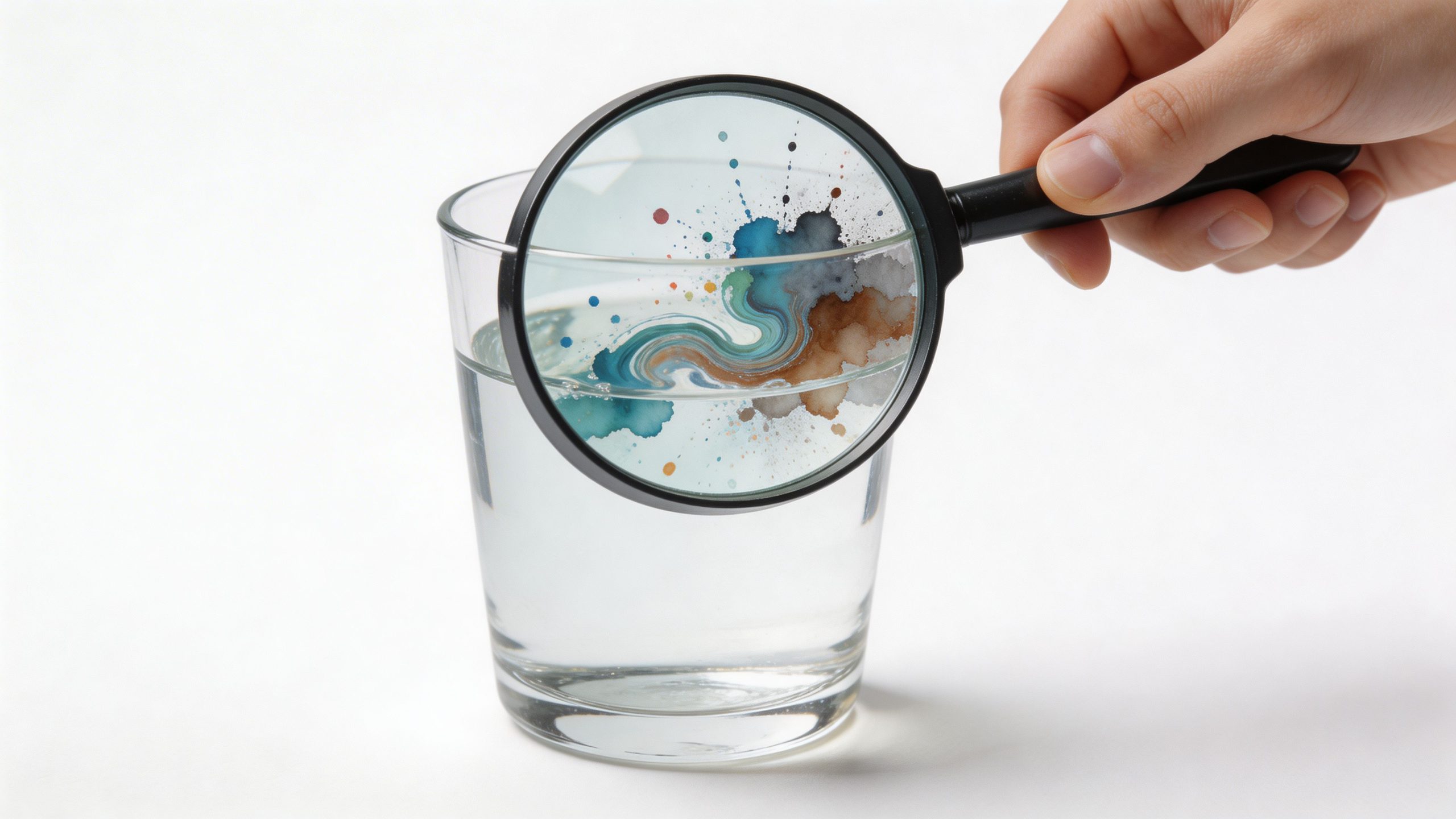 A hand holds a magnifying glass over a clear glass of water revealing vibrant watercolor abstract swirls.