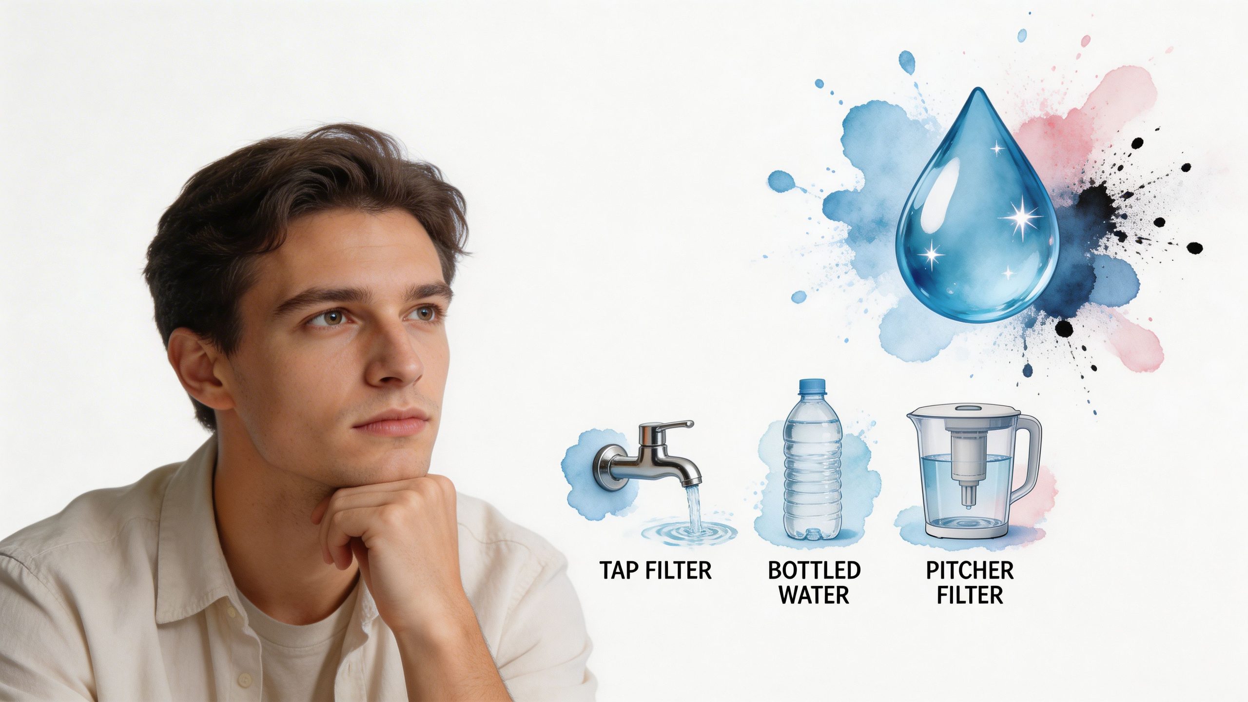 A young man pondering his options between tap filter, bottled water, and a pitcher filter for hydration.