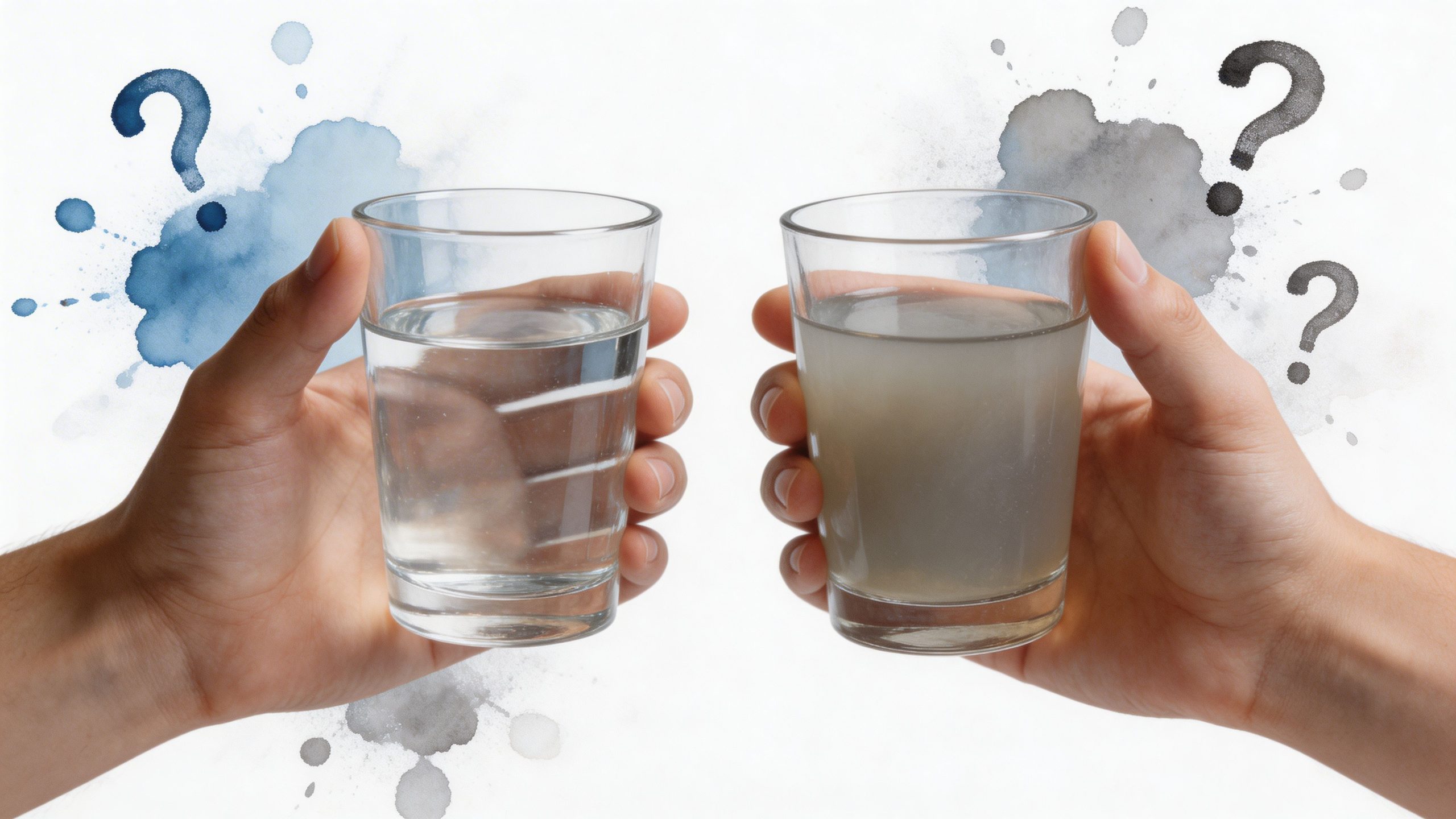 A person comparing a glass of clear, clean drinking water with a glass of cloudy, dirty water.