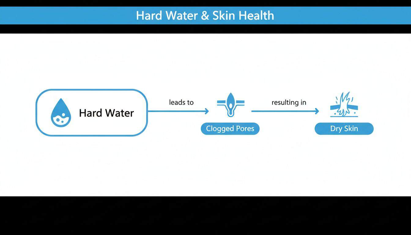 Diagram illustrating how hard water leads to clogged pores and ultimately dry skin issues.