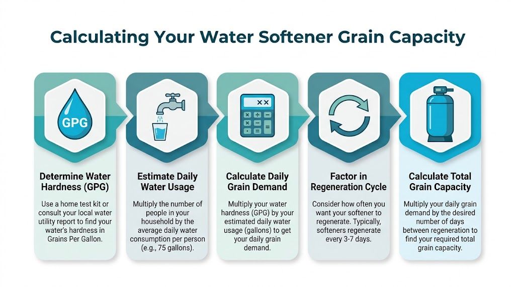A step-by-step infographic showing how to calculate water softener capacity by analyzing hardness and household water usage.
