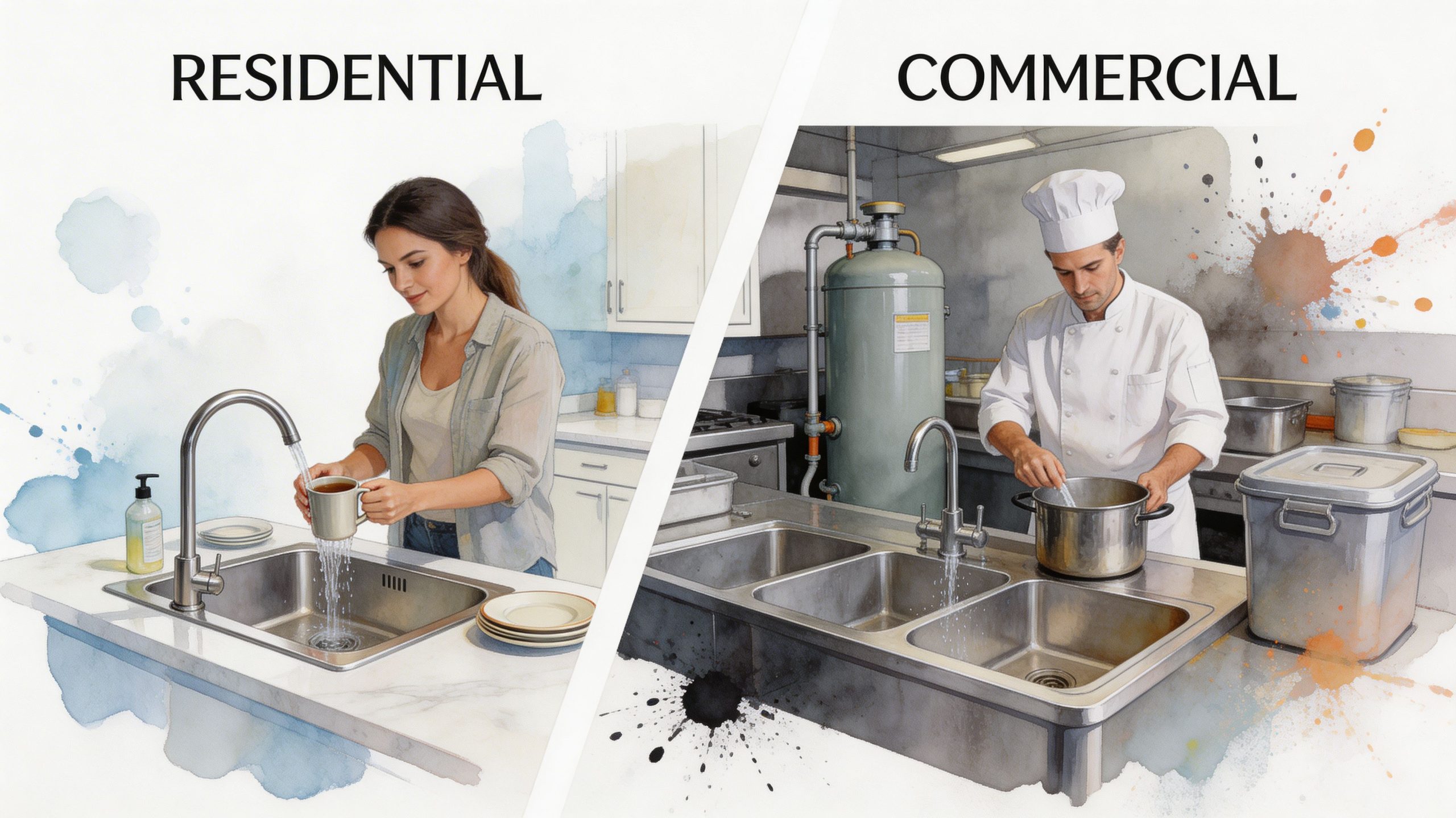 A split-screen comparison showing a woman in a home kitchen and a chef in a commercial kitchen.