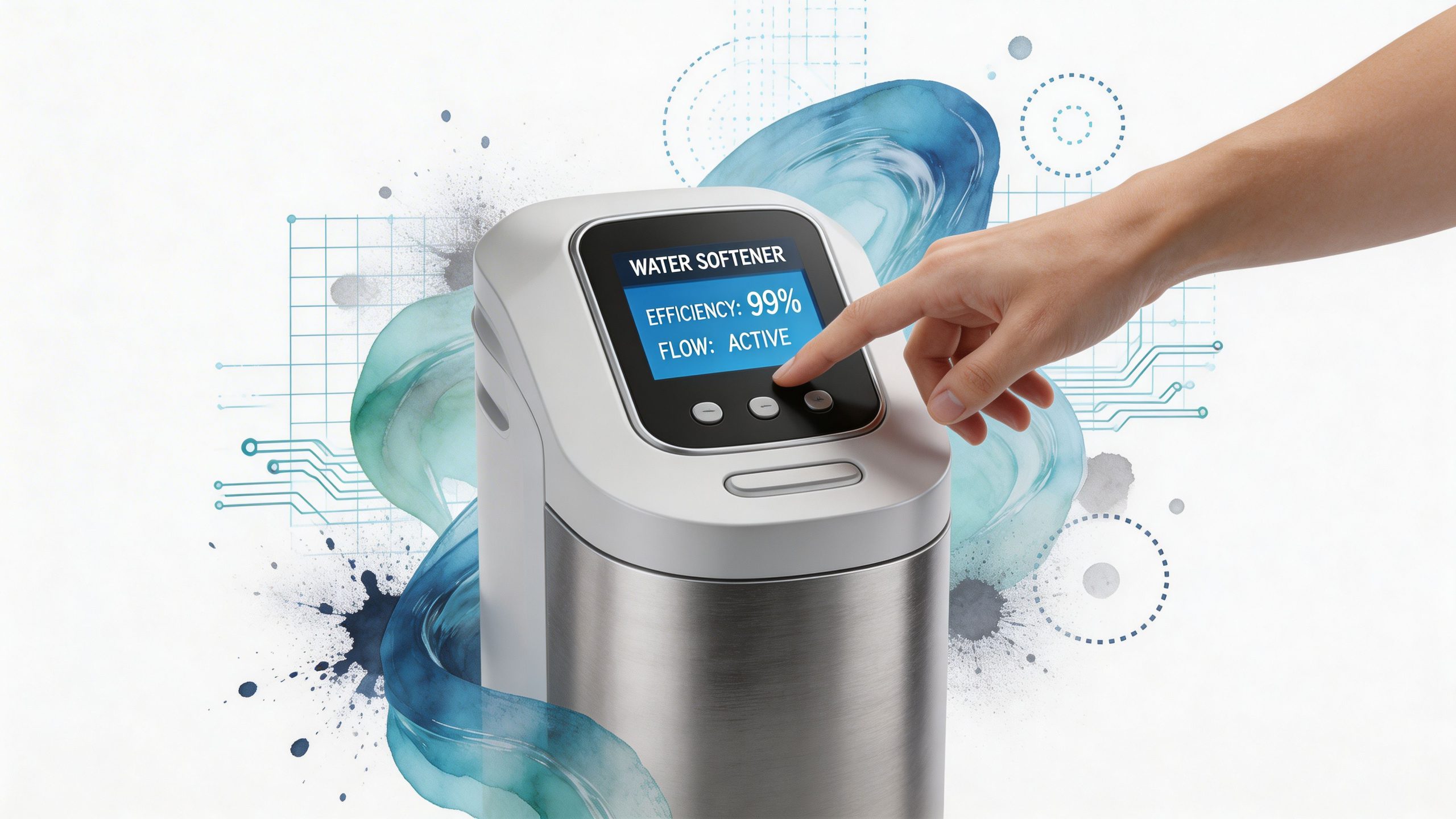 A human hand interacts with the digital interface of a modern, stainless steel water softener system unit.
