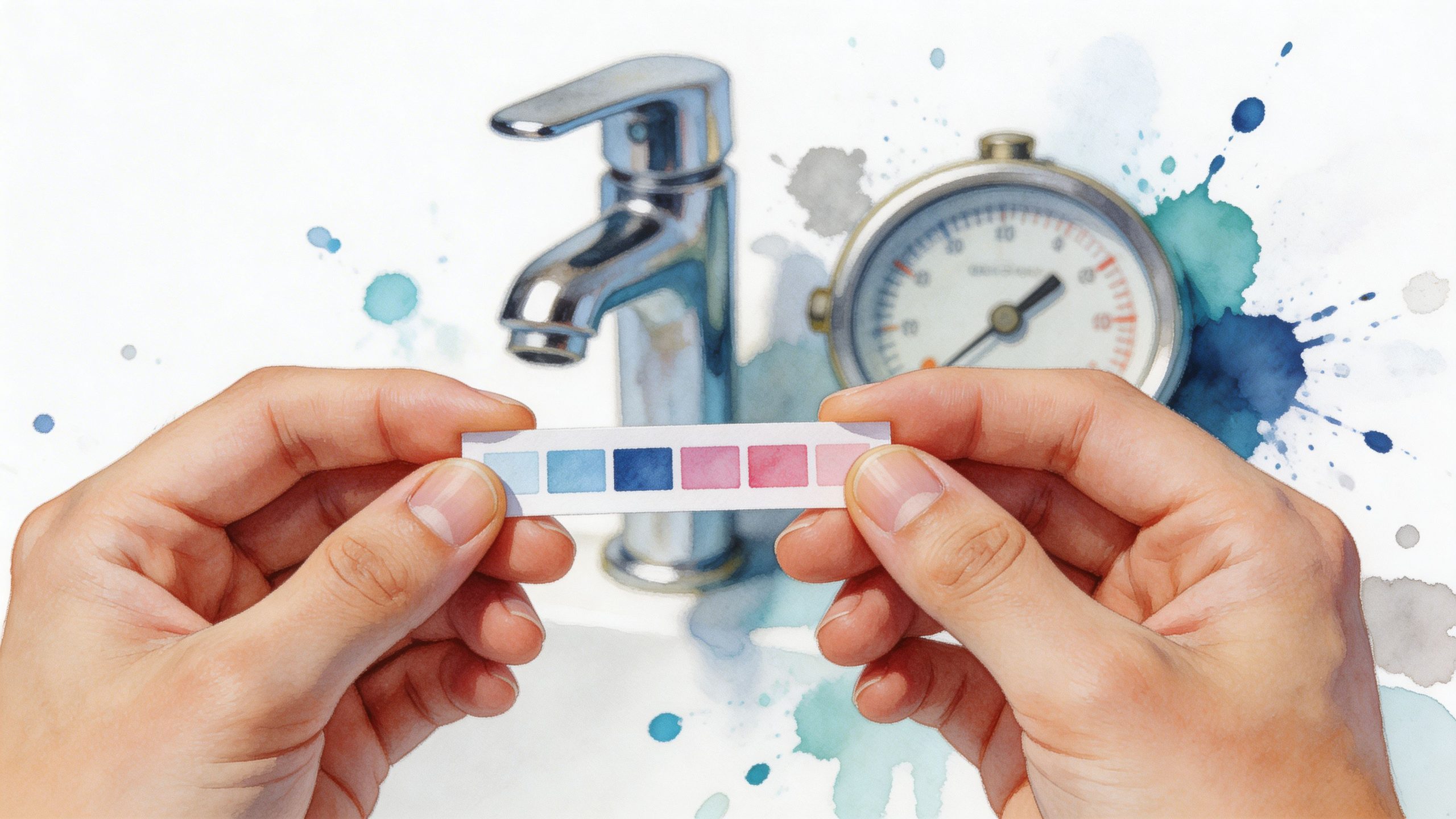A pair of hands holding a water test strip with color indicators against a faucet background.