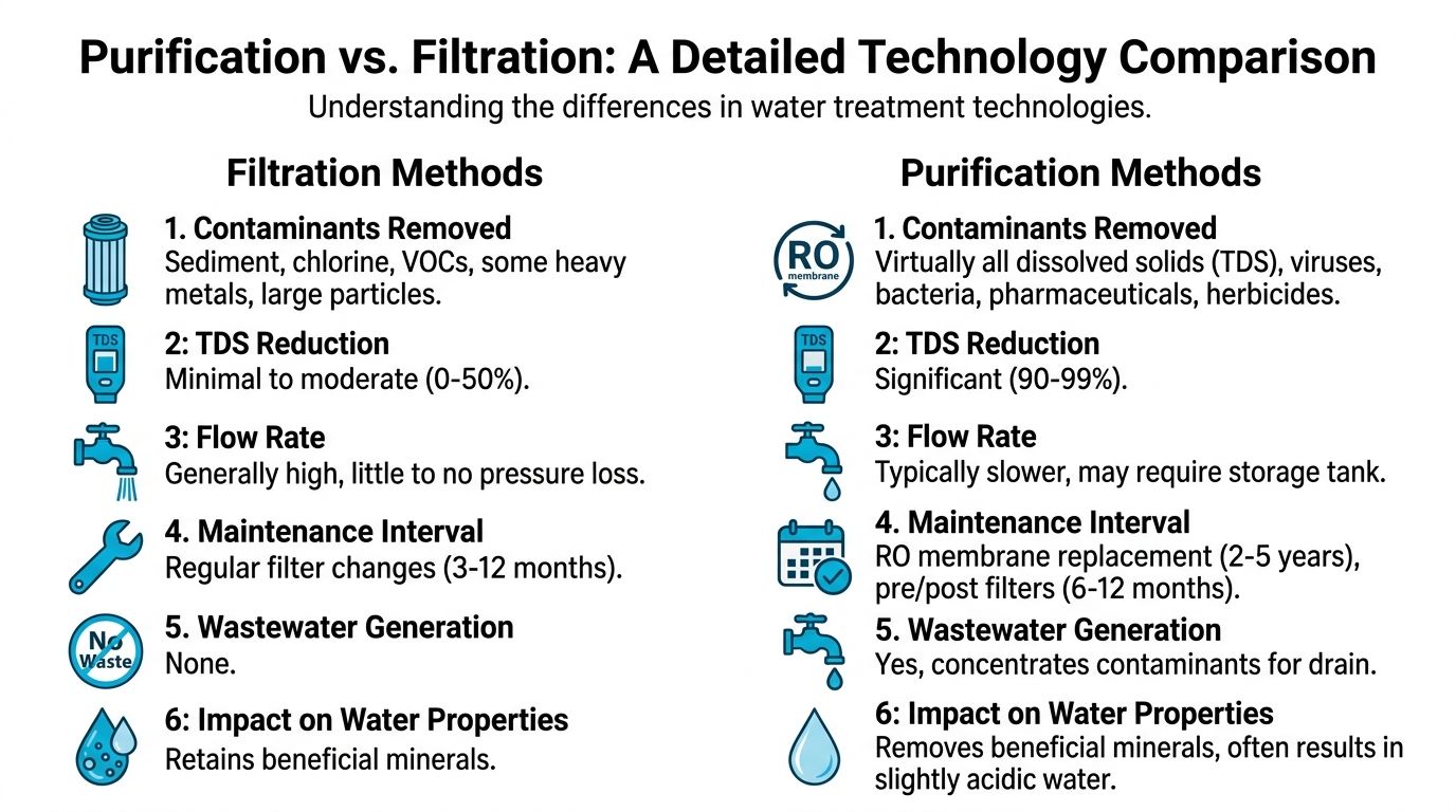 A detailed comparison chart outlining the key differences between water filtration and water purification methods for consumers.