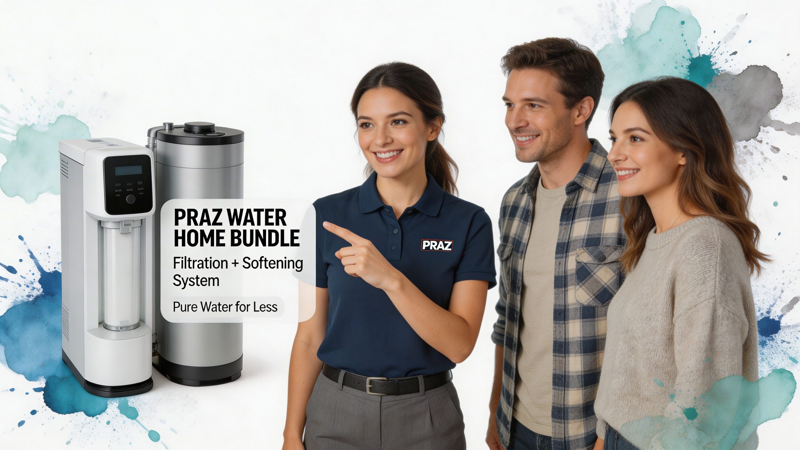 A professional woman showcasing a Praz water filtration and softening system to a smiling couple indoors.