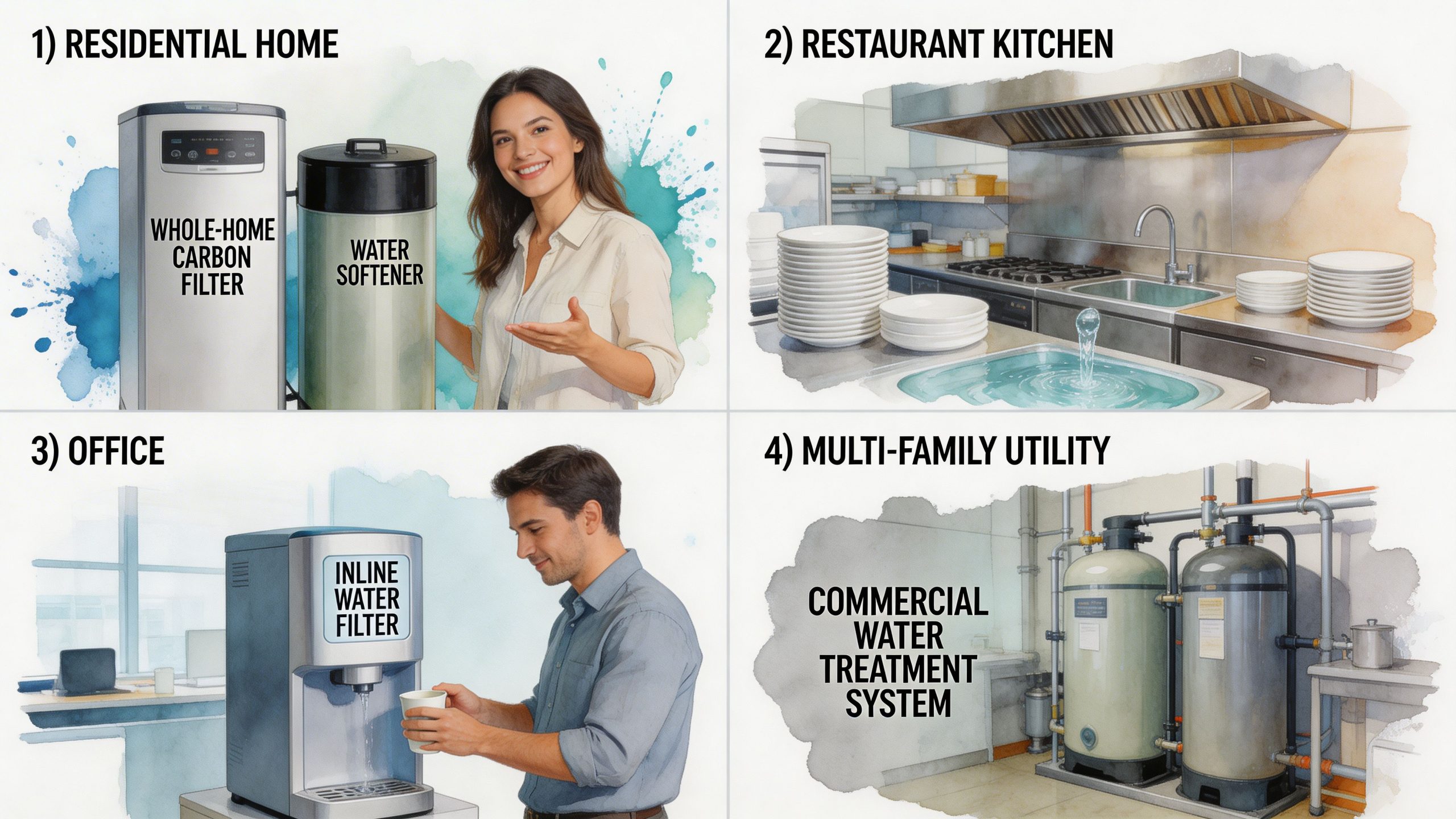 A collage showing water filtration and treatment systems for residential, restaurant, office, and multi-family utility settings.