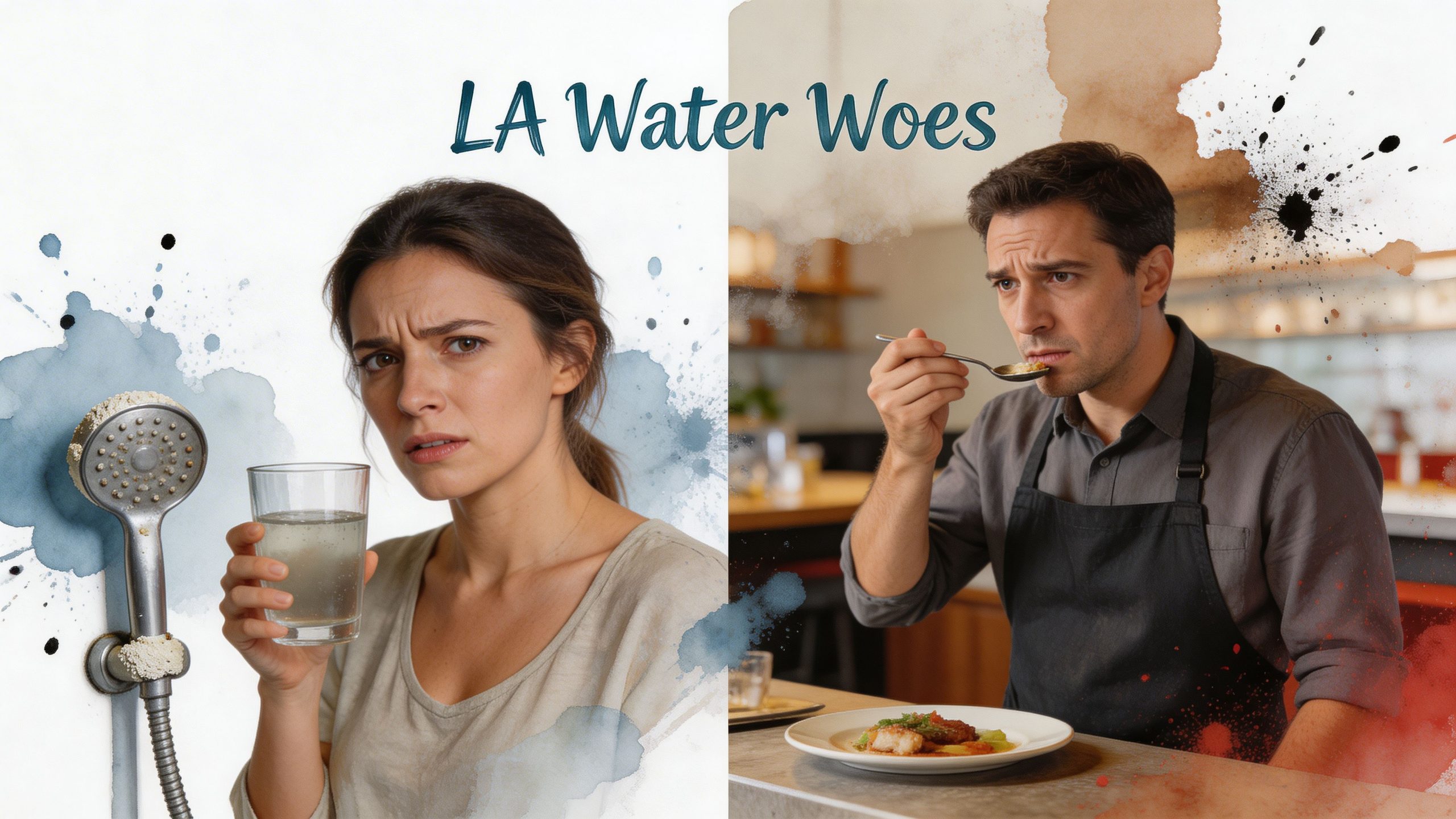 A woman holding cloudy water and a man tasting food, illustrating concerns about Los Angeles water quality.