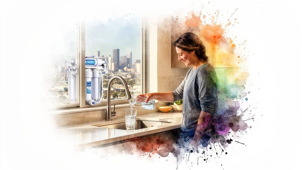 Woman pouring clean water into a glass in a modern kitchen, with a reverse osmosis system visible.