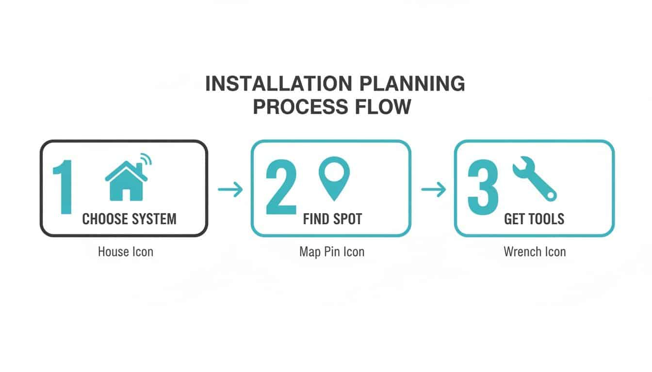 A three-step installation planning process flow showing choosing a system, finding a spot, and getting tools.