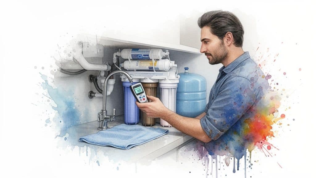 A man tests a reverse osmosis water filter system with a digital meter under a sink.