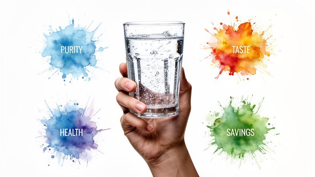 A hand holding a clear glass of water surrounded by colorful watercolor splashes labeled purity, taste, health, and savings.