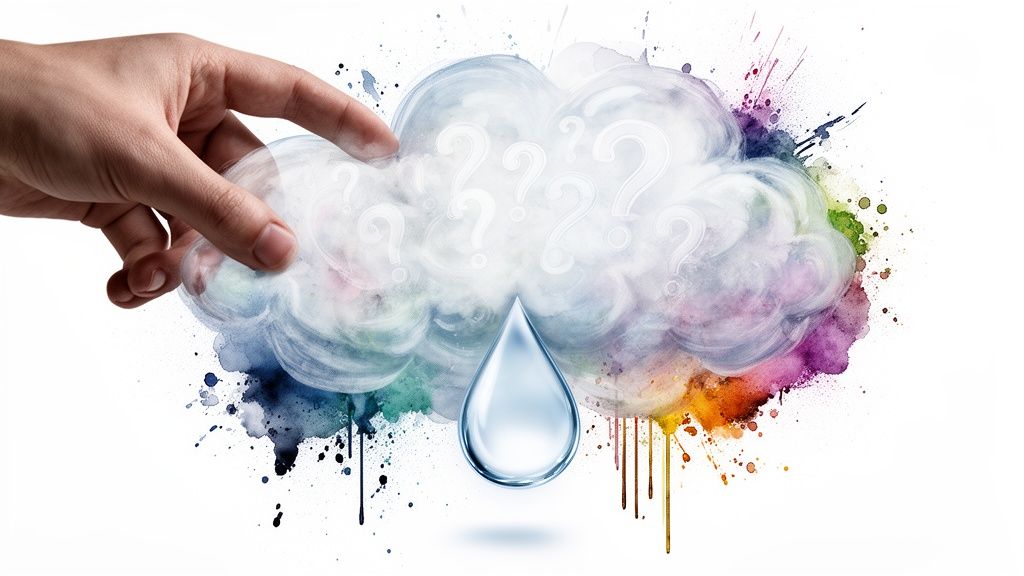 A hand holding a stylized cloud with question marks and a single falling water droplet on white.